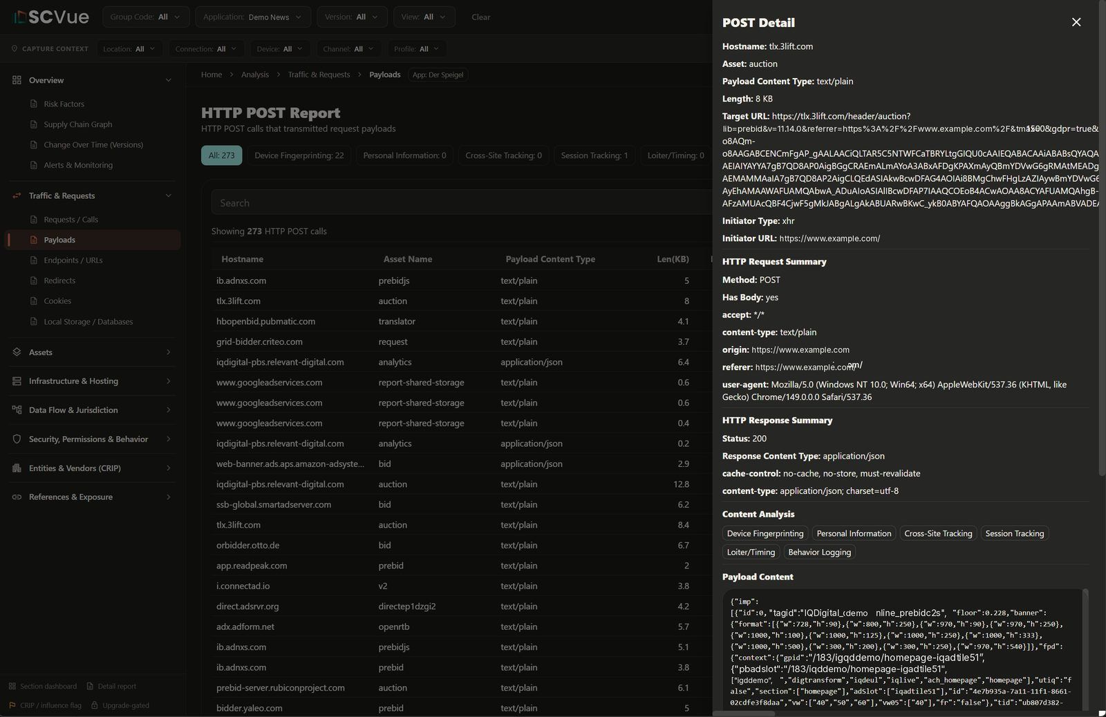SCVue HTTP POST report listing every call that transmitted a payload, with a detail panel decoding one payload and flagging device fingerprinting and tracking behavior.